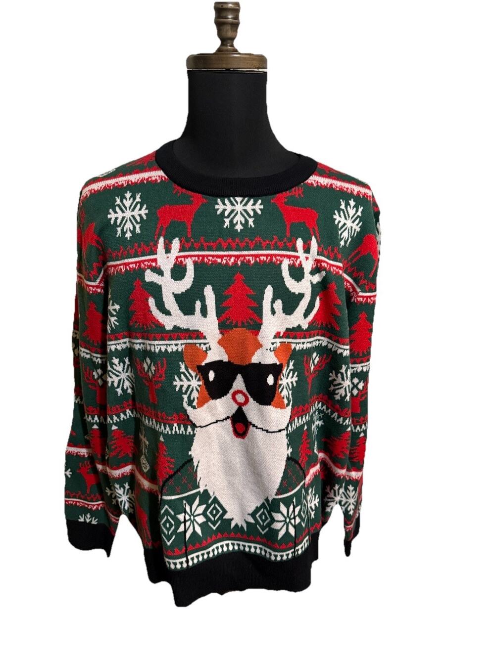 Ugly Christmas Sweater XXL Reindeer Santa Sunglasses Green Red Holiday